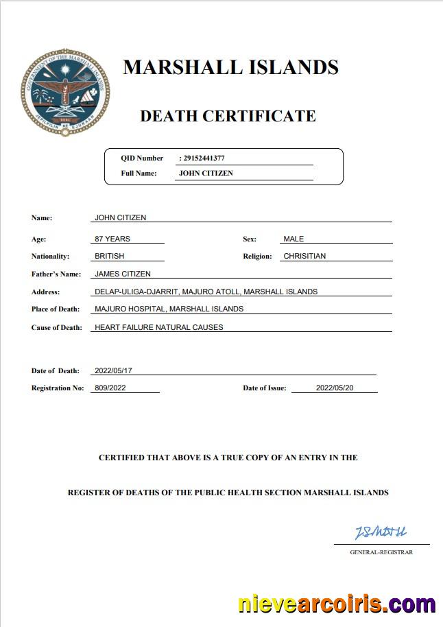 Marshall Islands vital record death certificate